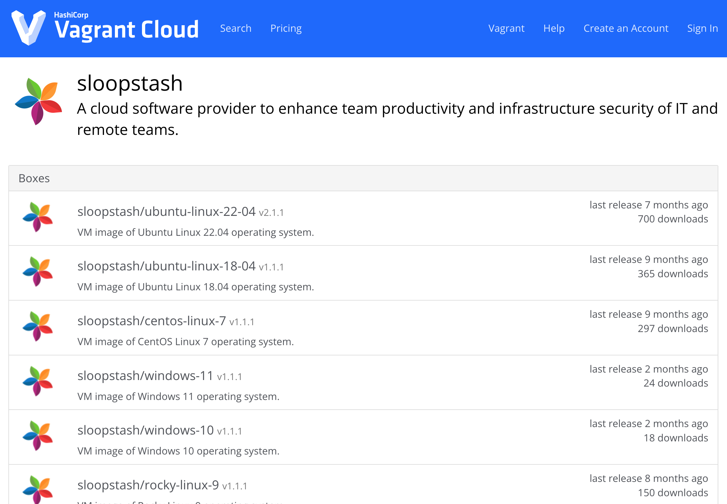 Screenshot of SloopStash Vagrant Cloud profile.