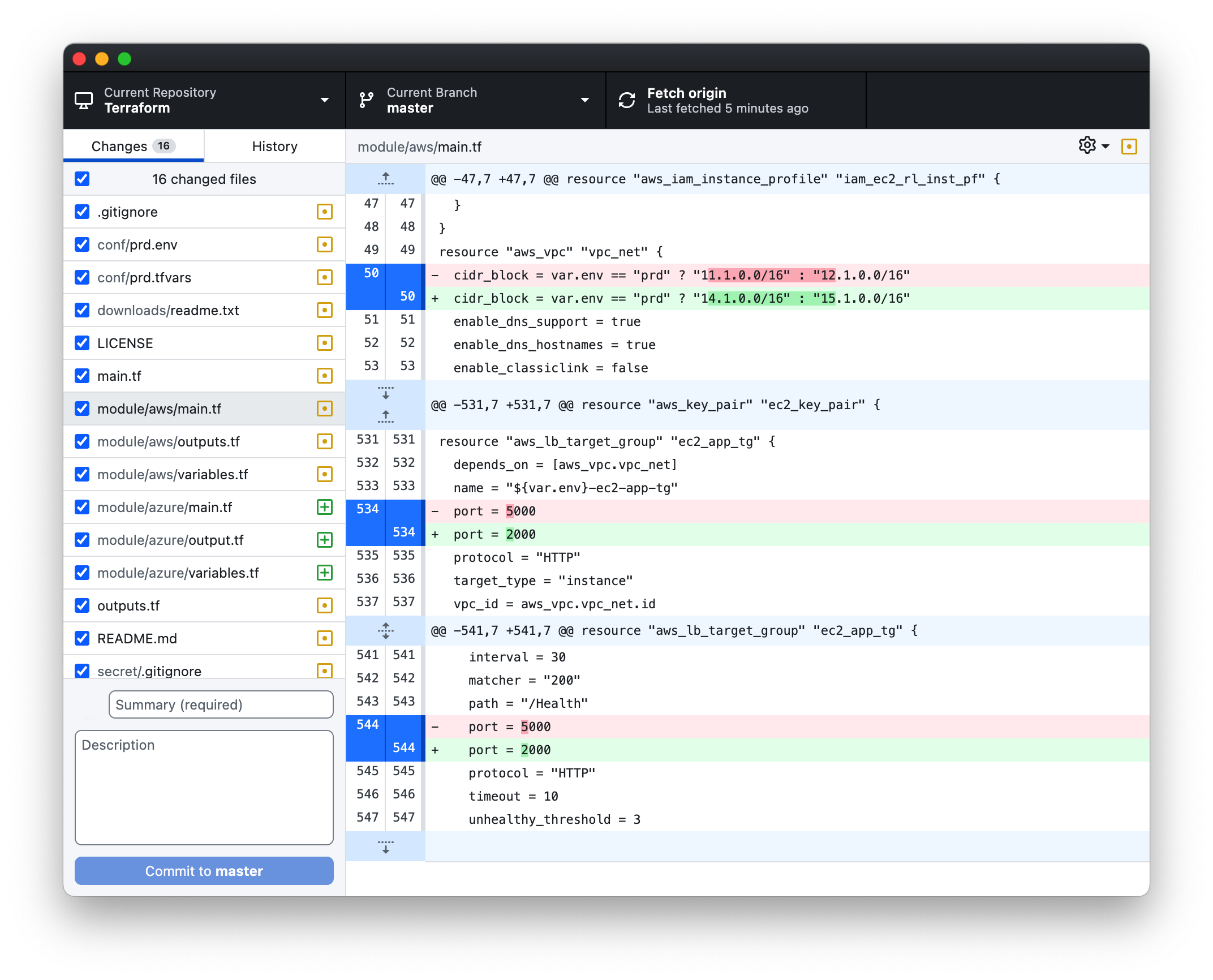 Screenshot of GitHub GUI showing difference in the terraform AWS module.