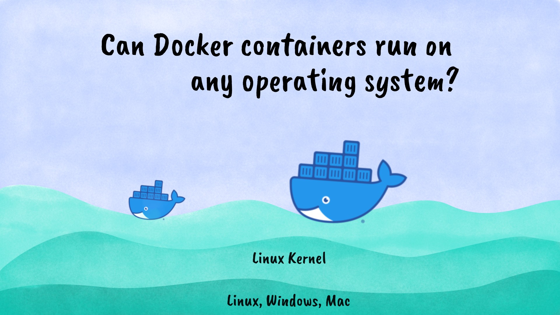 There is three layers of sea waves. Bottom layer has Linux, Windows, Mac text. Middle layer has Linux Kernel text. Top layer has Docker moby logo.