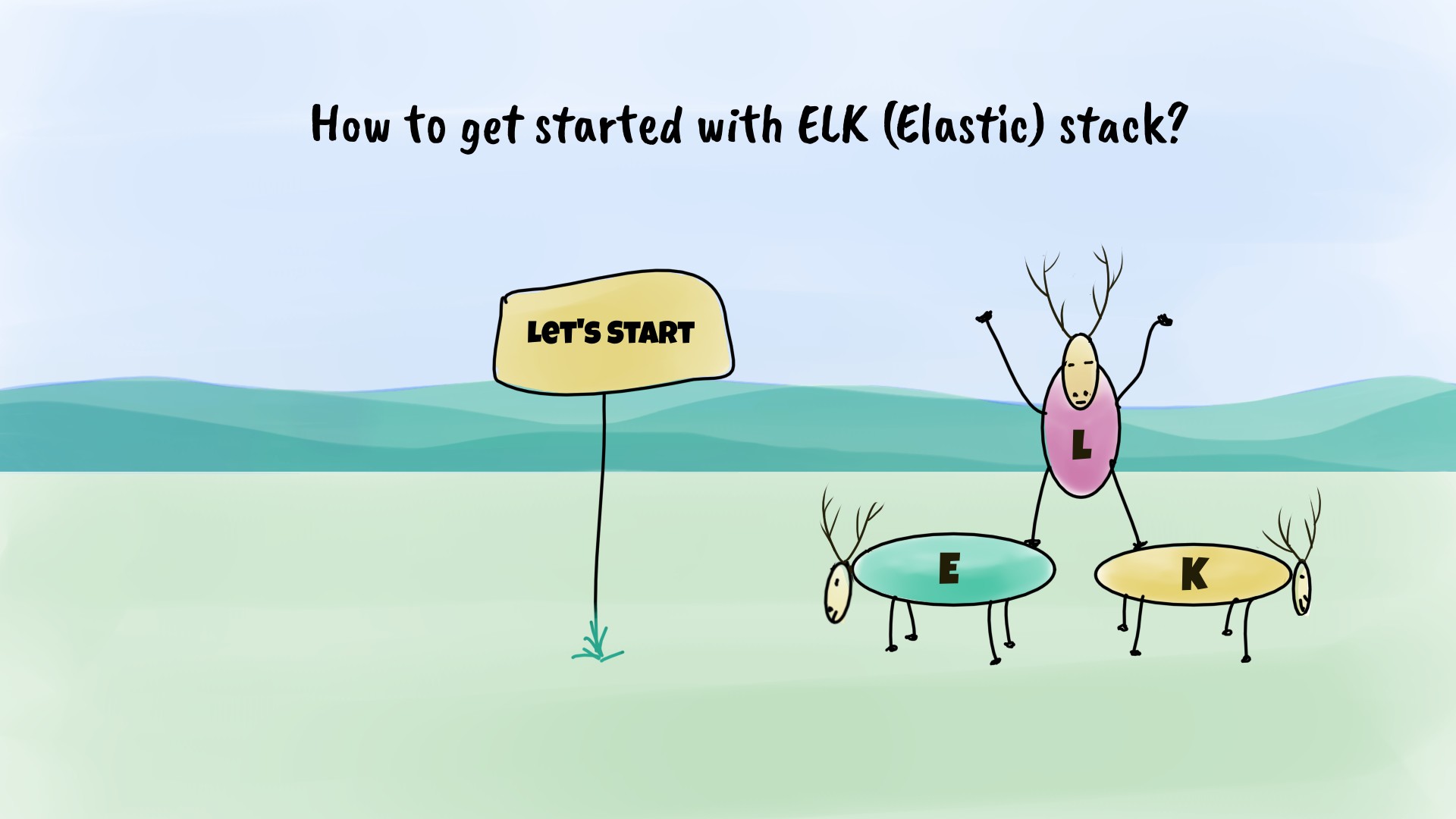 Three elk labelled E, L, and K.  They stand as a pyramid. And there is a signboard containing 'Let's start' text.