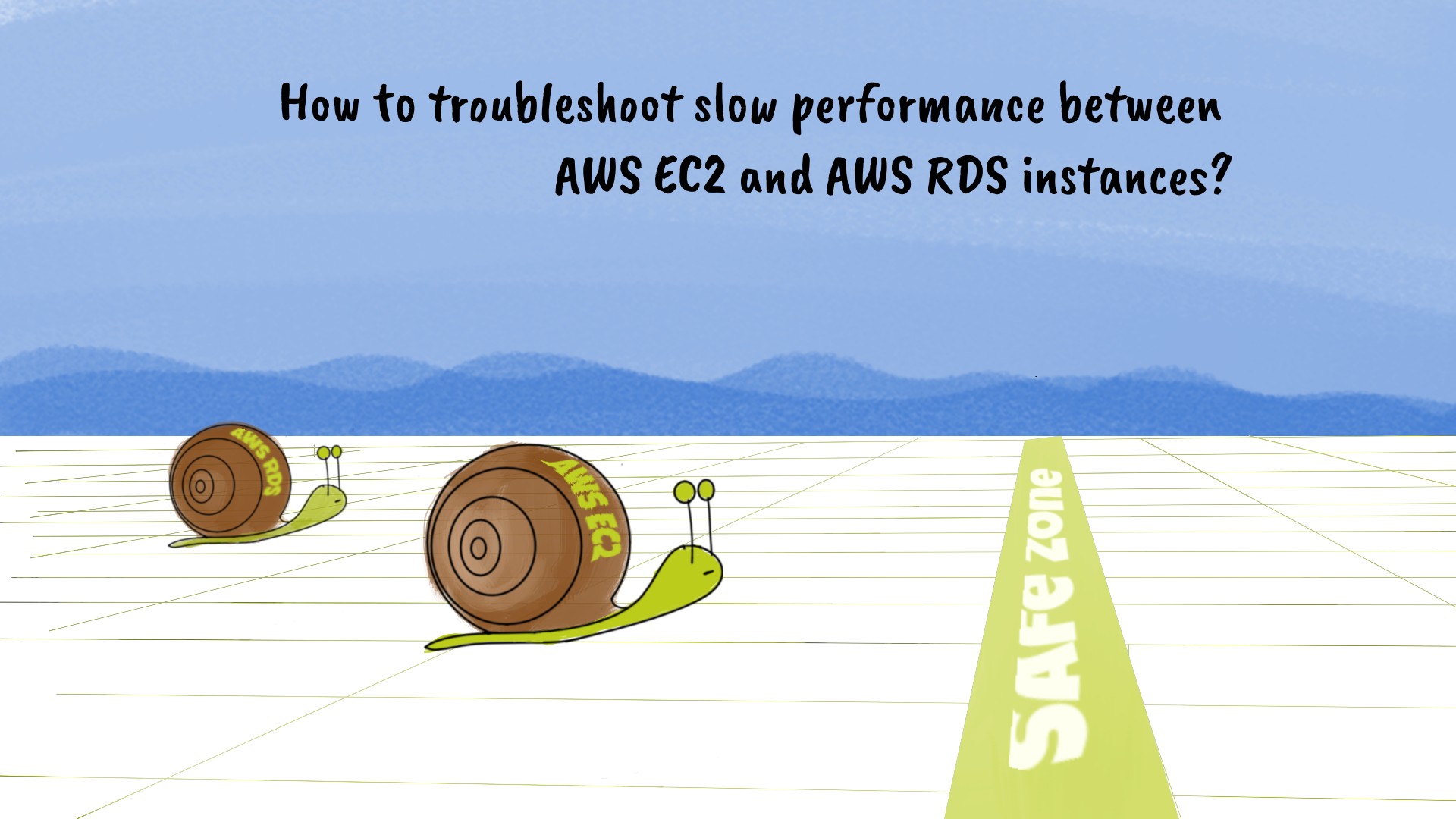 Two snails labelled with AWS EC2 and AWS RDS are participating in the race. There is a line marked as a safe zone, and no snail crossed that line.