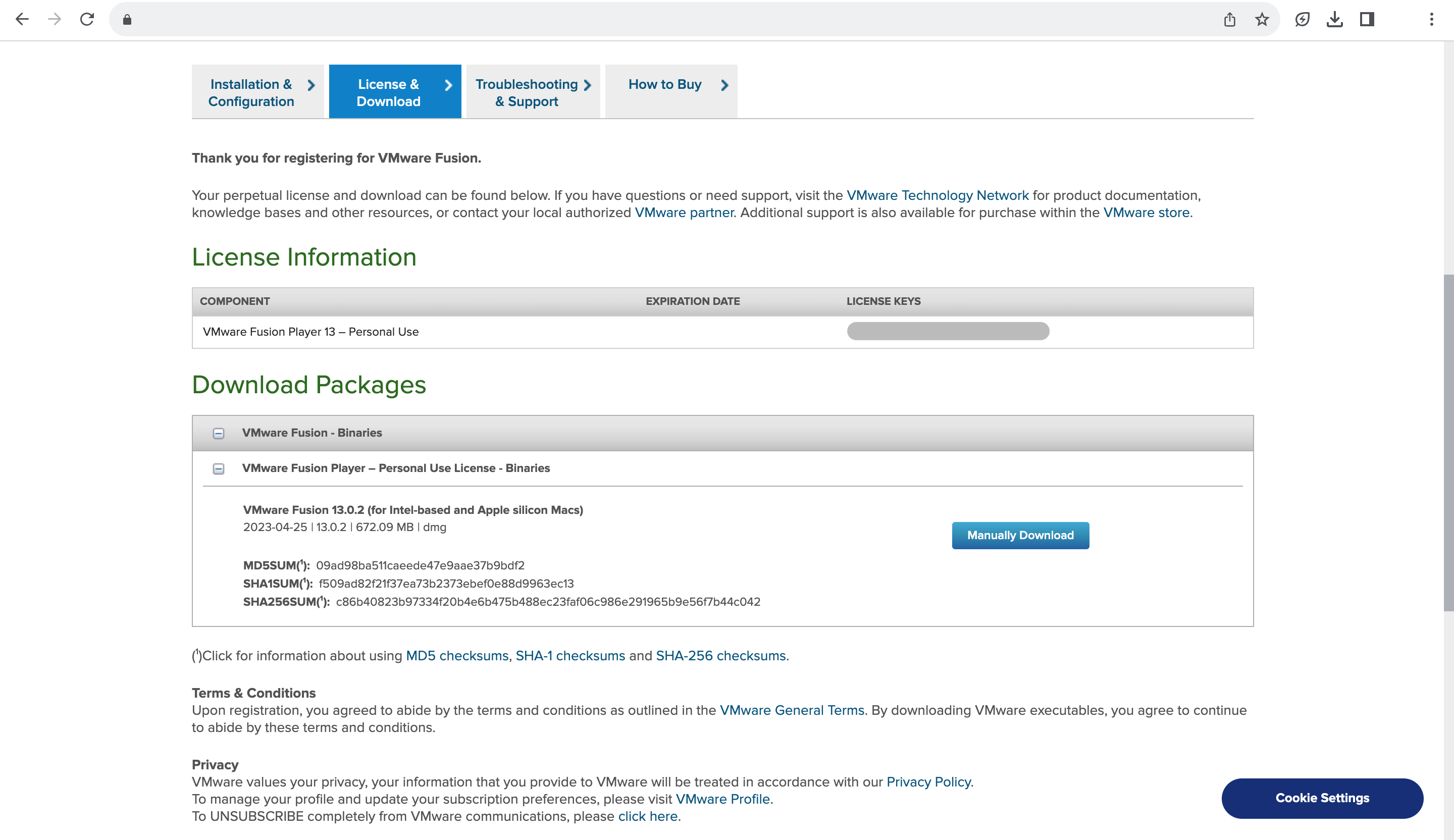 Screenshot of VMware Fusion Personal Use License key page.