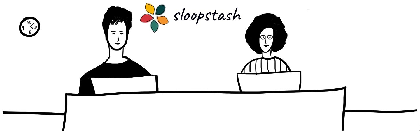 A drawing illustrates a model sloopstash front office. Two people working with computers seem like replying to enquiries.
